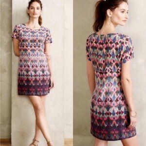 Anthropologie Kachel 100% Silk Diamond Shift Dress‎ Size 12 Short Sleeves Boho